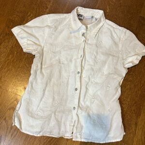 Vintage Embroidered Irish Linen Rose Blouse Short Sleeve Button Front small 90s